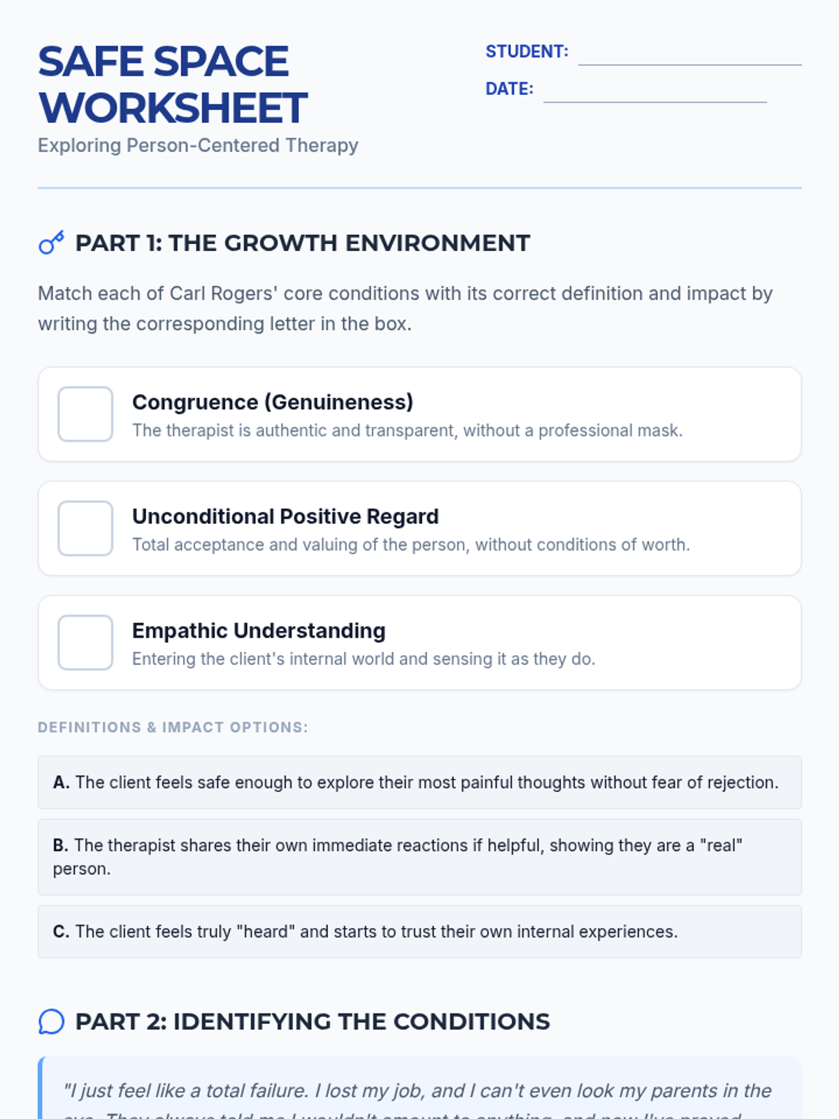 Core Conditions Worksheet