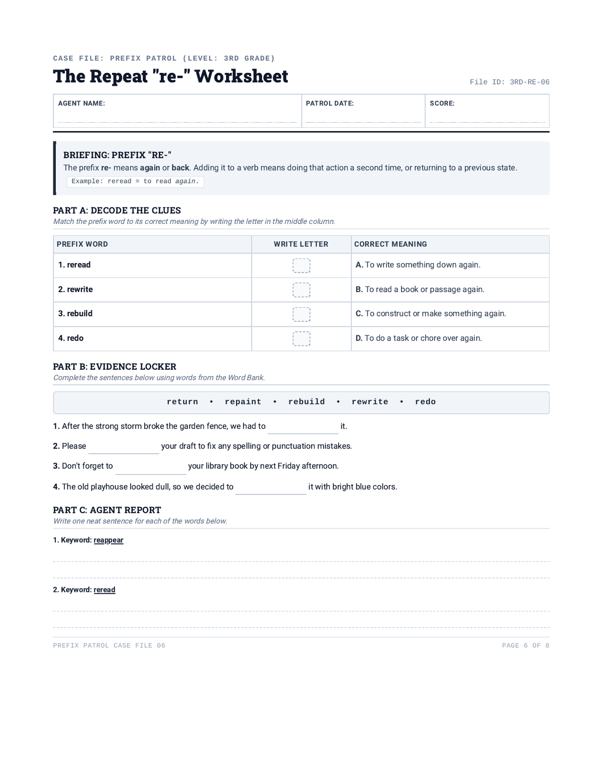 Prefix Patrol Re Worksheet page 1