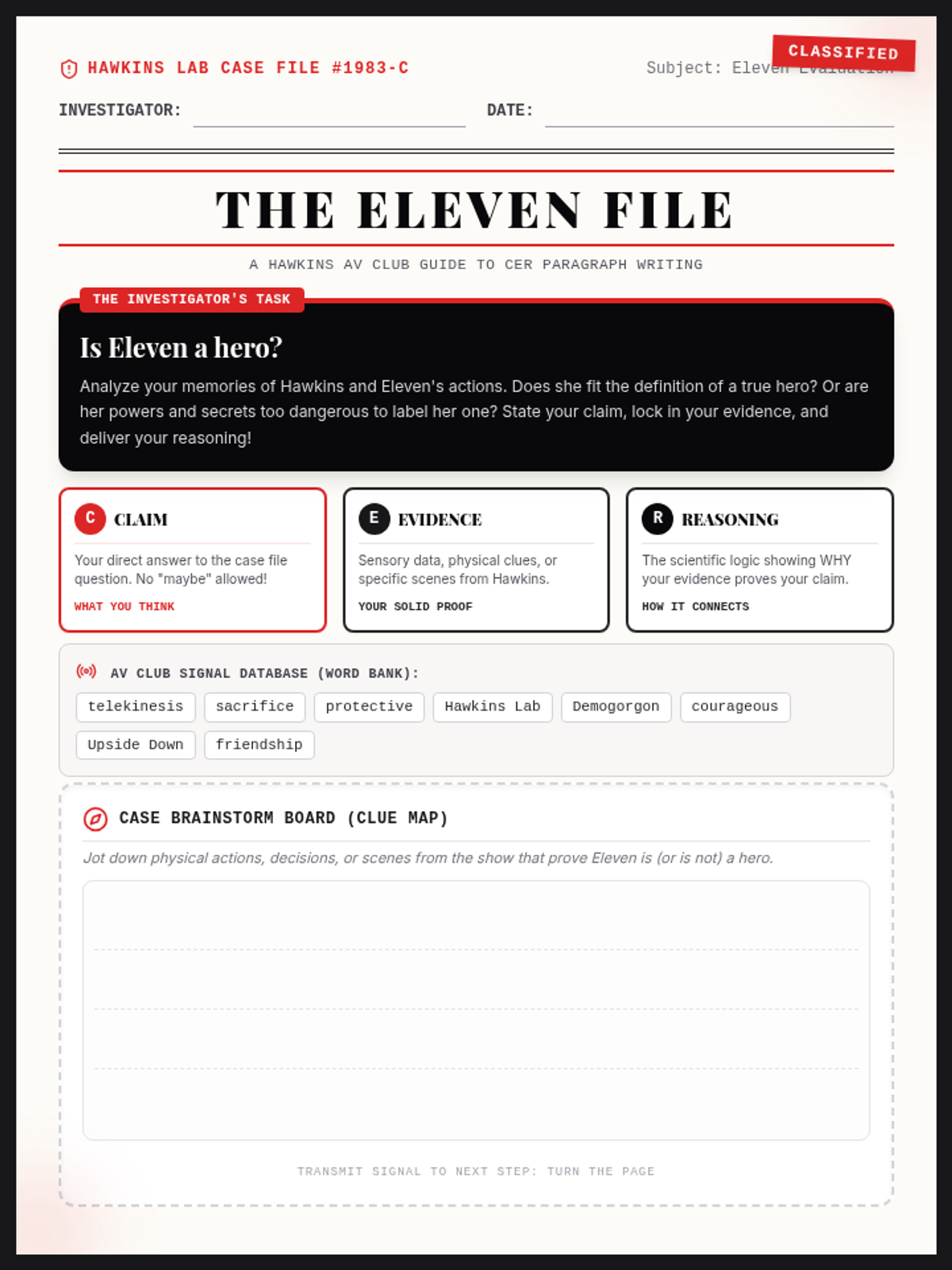 Hawkins CER Paragraph Builder Worksheet