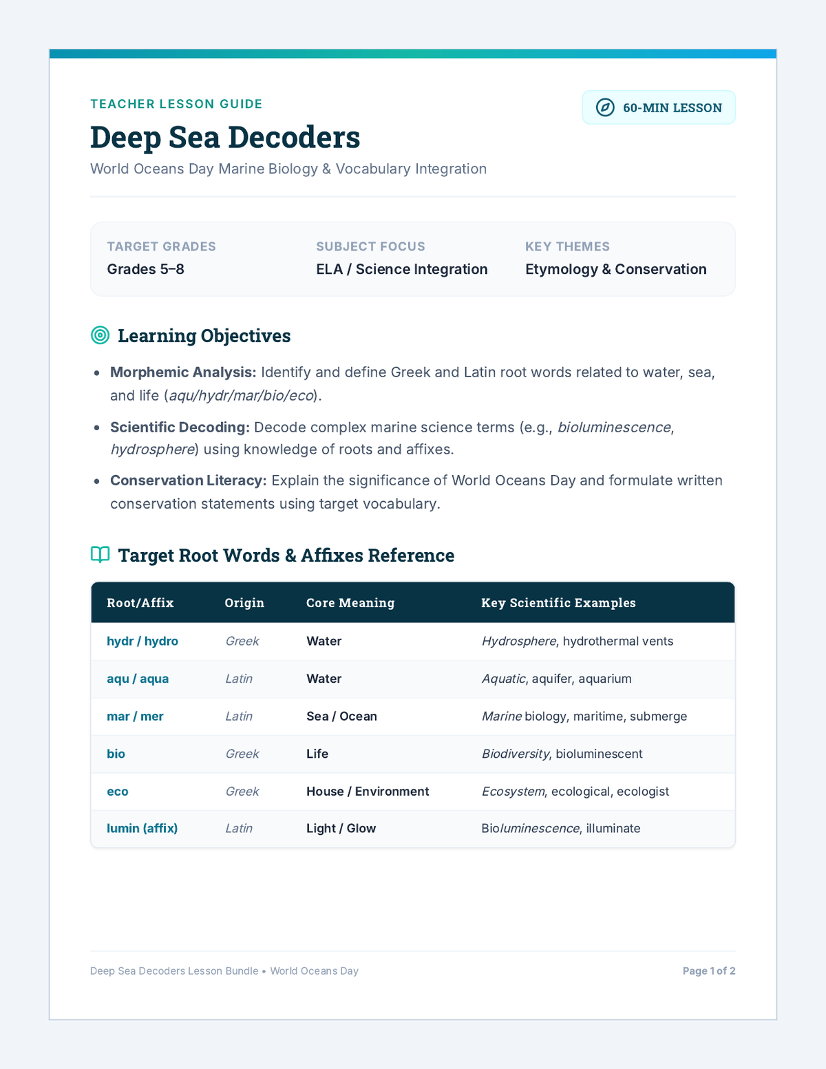 Deep Sea Decoders Teacher Plan page 1