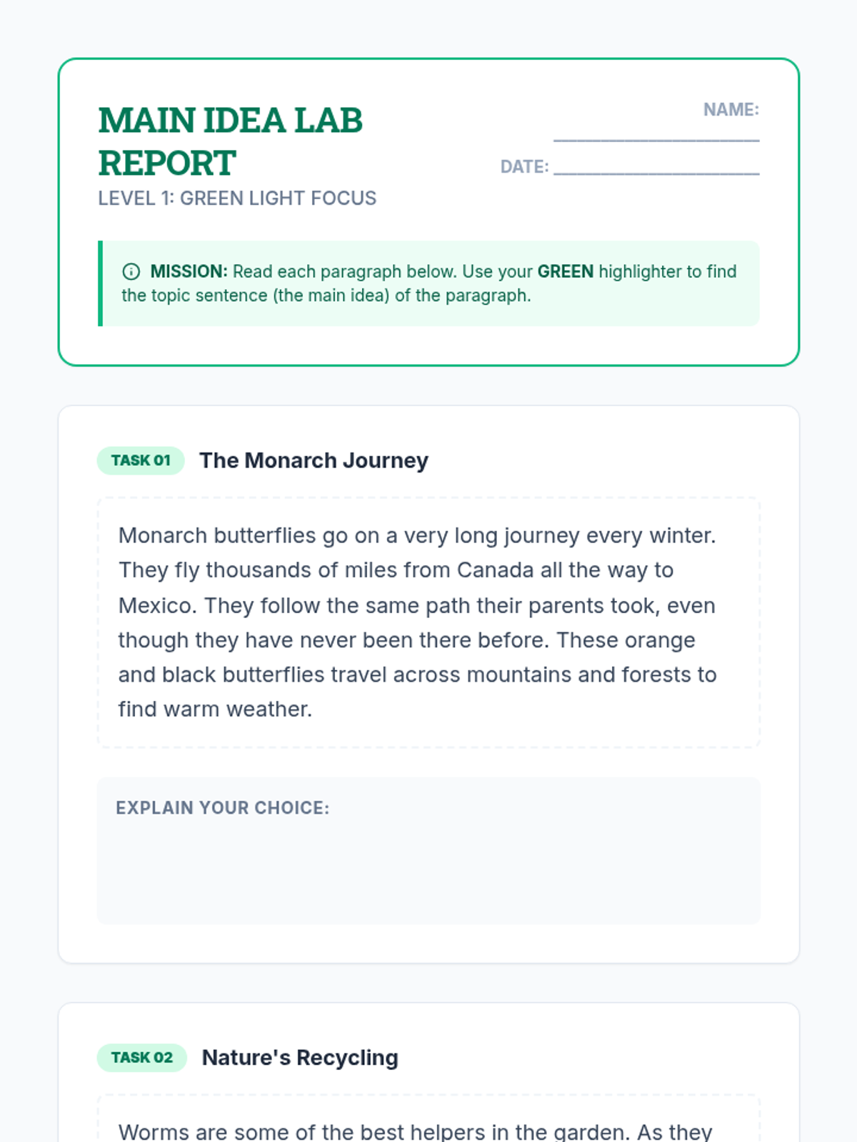 Green Light Worksheet