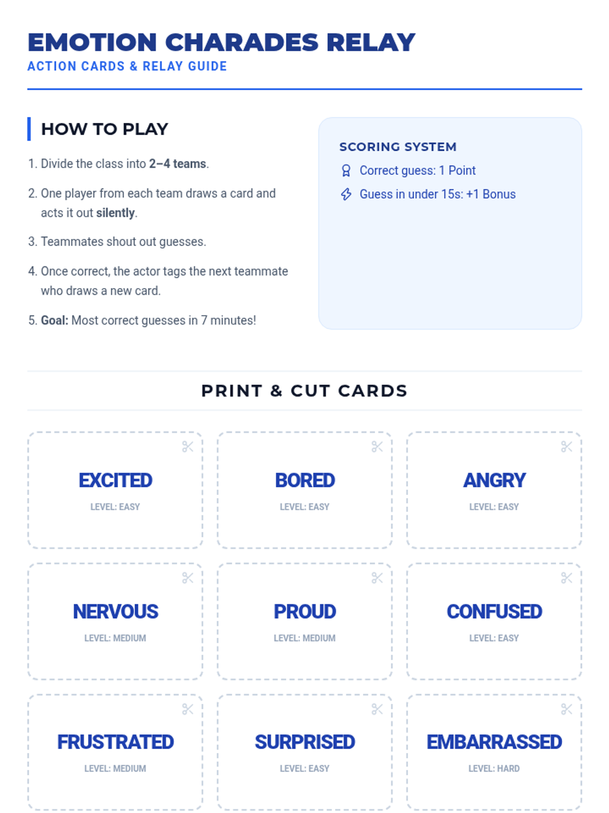Emotion Charades Relay Cards • Material • Lenny Learning