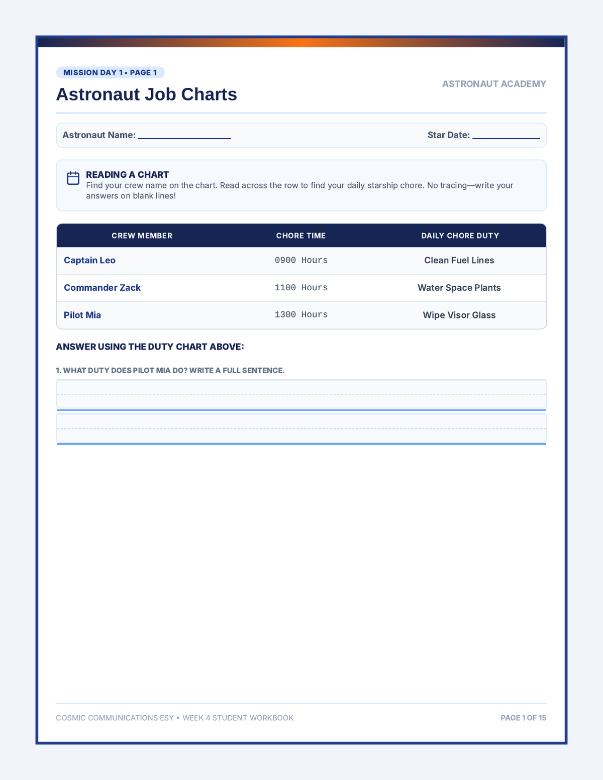 Astronaut Academy Worksheet Pack page 1