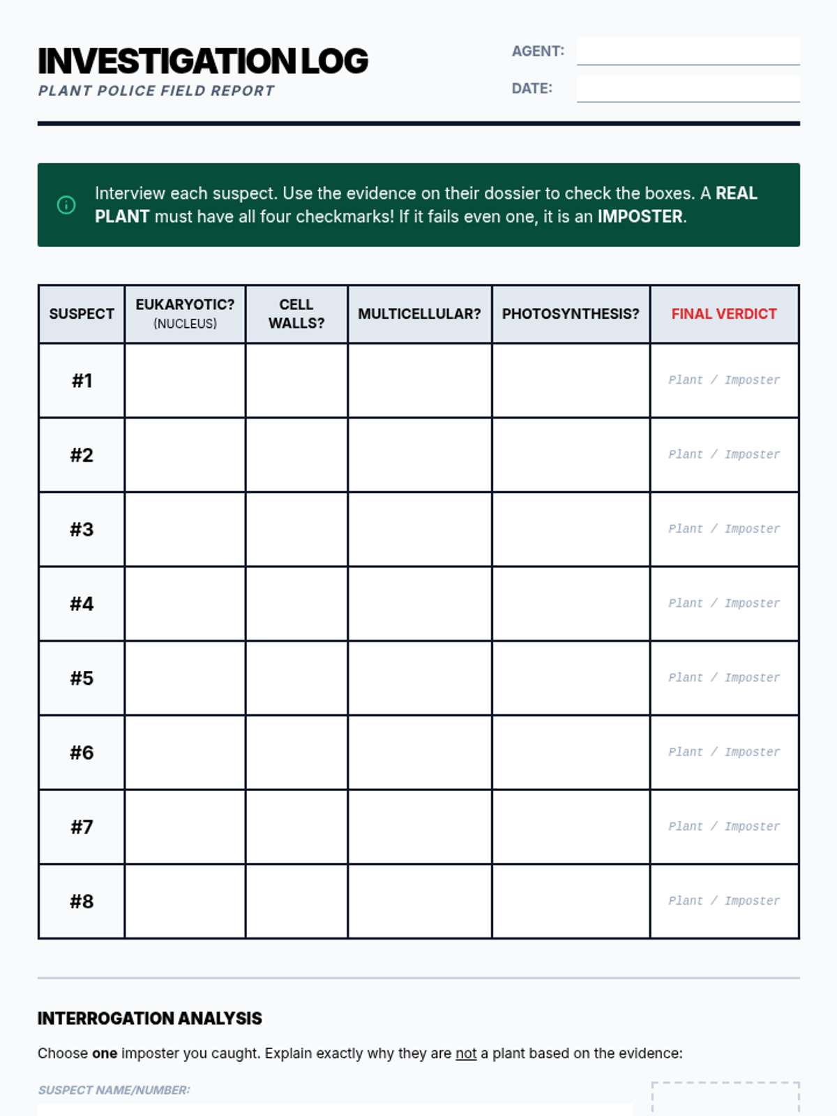 Investigation Log Worksheet • Material • Lenny Learning