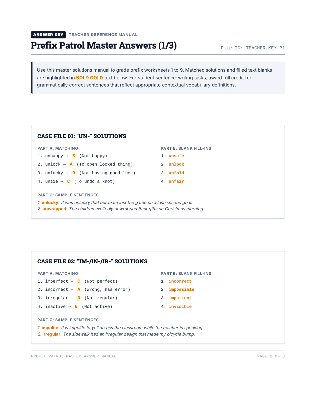 Prefix Patrol Teacher Answer Key page 1