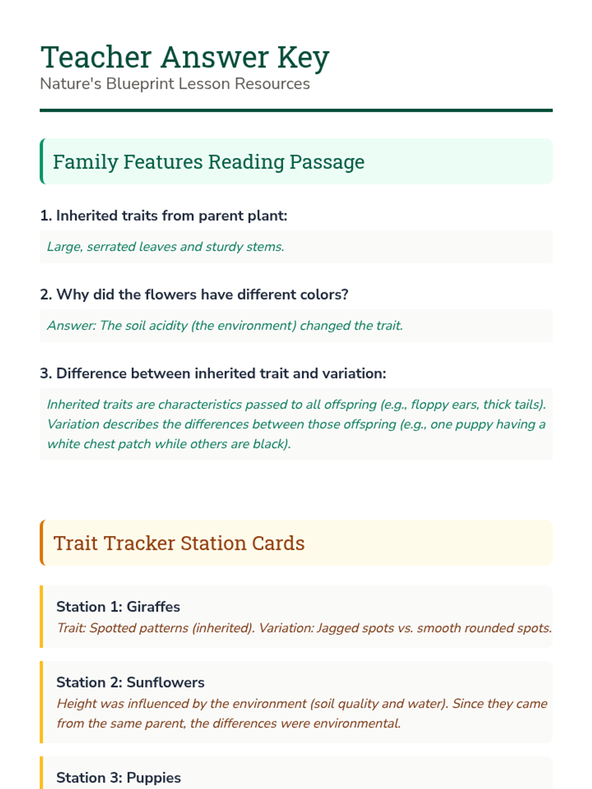 Family Features Answer Key
