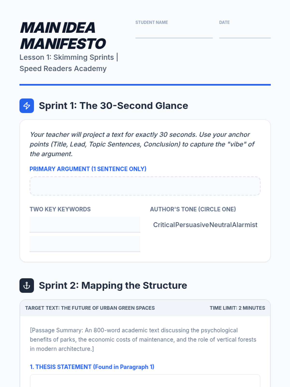 Main Idea Manifesto Worksheet