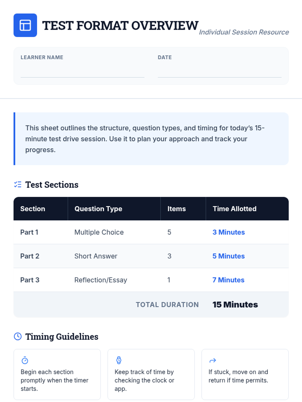 Test Format Overview Worksheet • Material • Lenny Learning