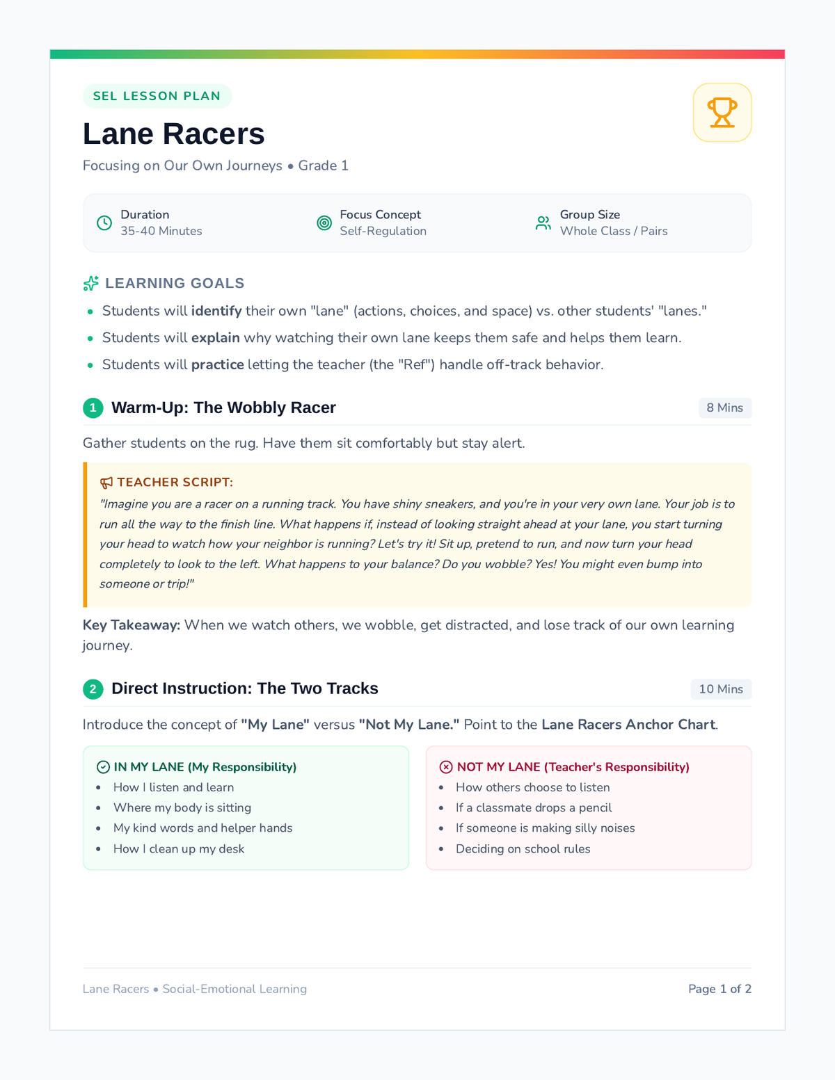 Lane Racers Lesson Plan page 1