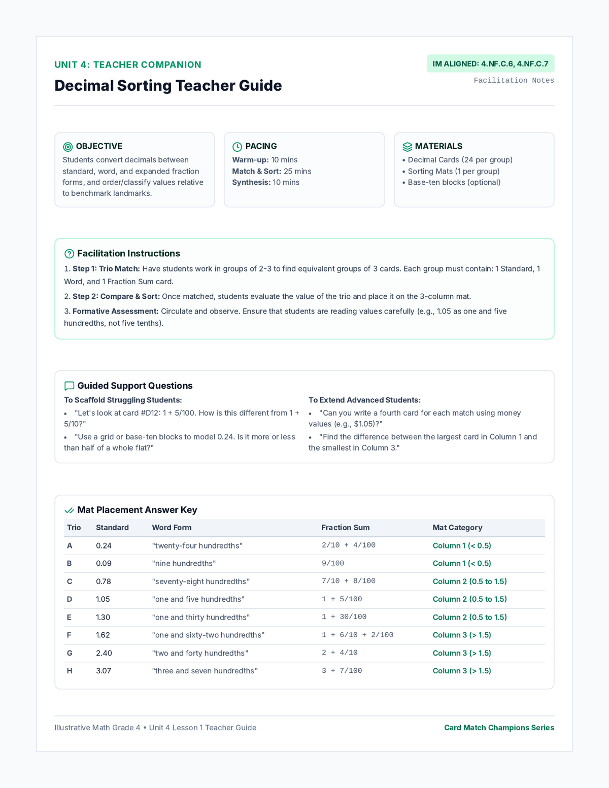Decimal Sorting Teacher Guide page 1