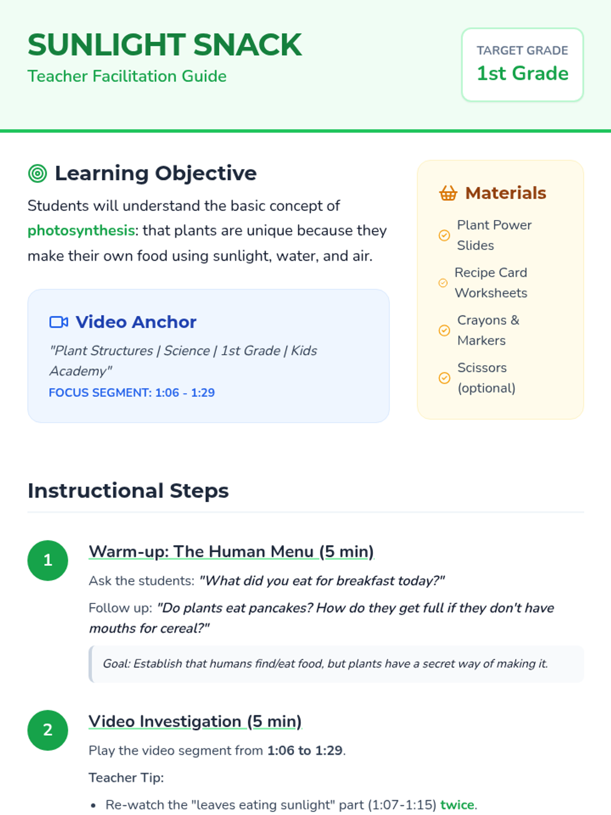 Sunlight Snack Teacher Guide • Material • Lenny Learning