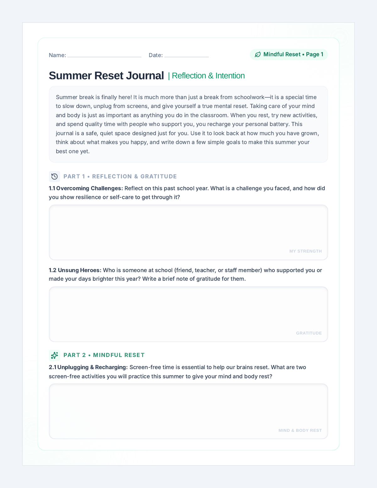 Summer Reset Journal page 1