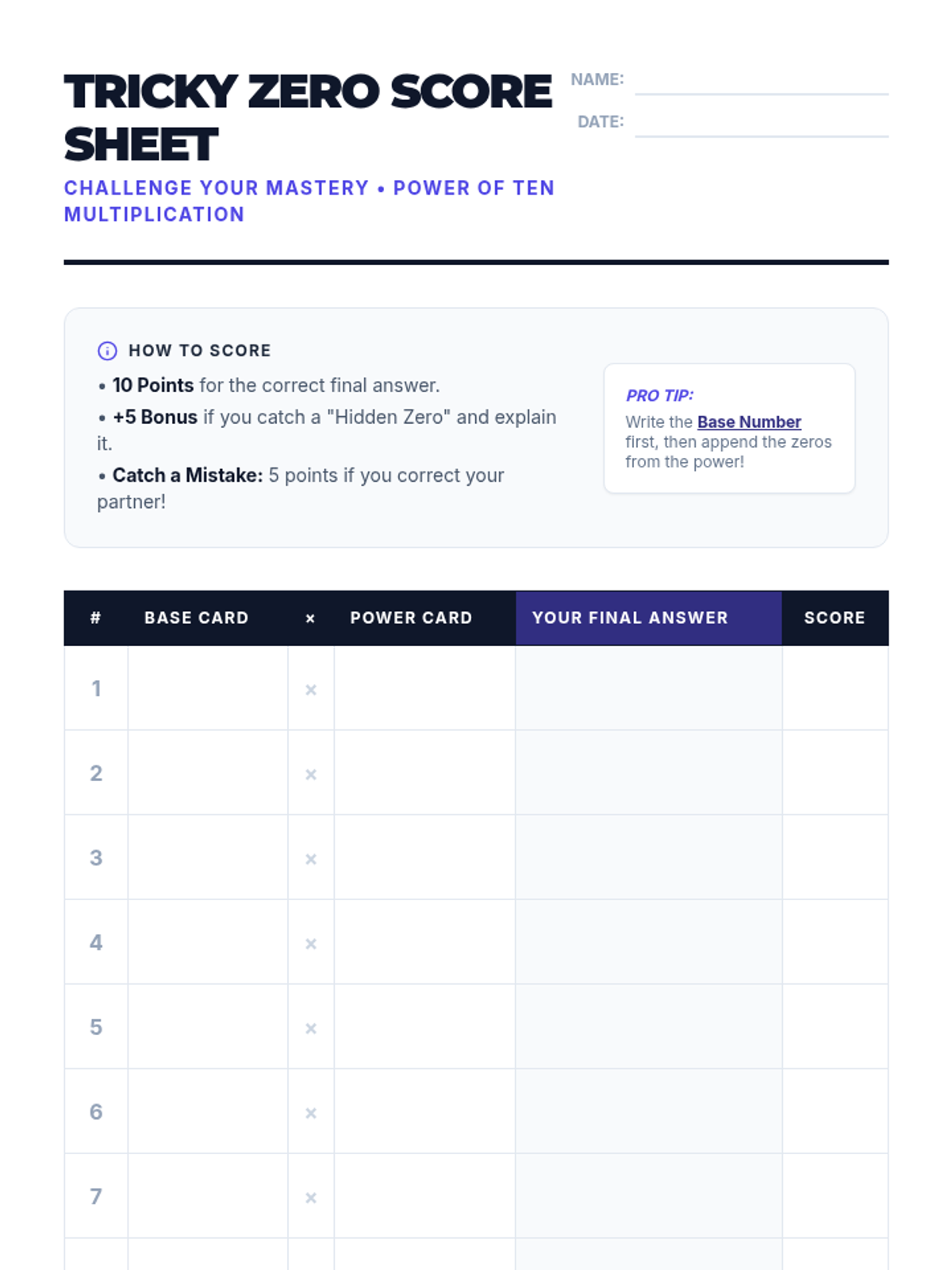 Tricky Zero Score Sheet • Material • Lenny Learning