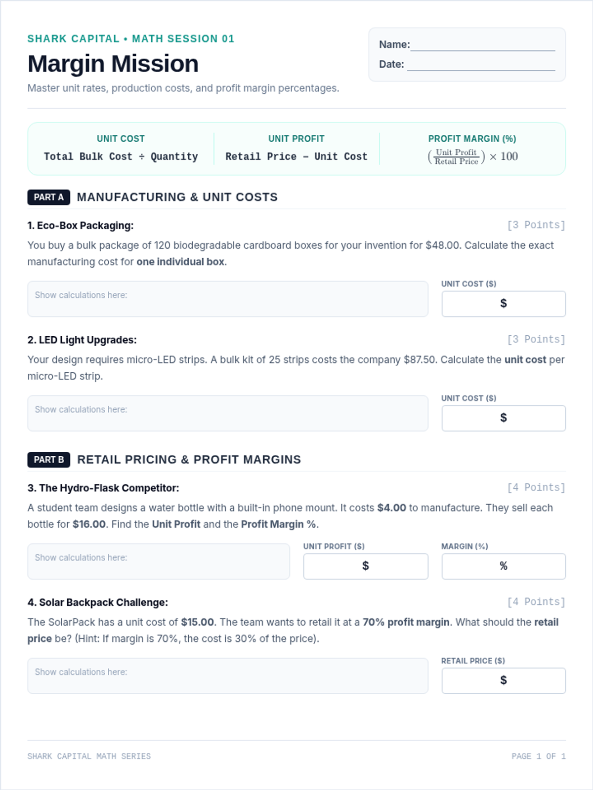 Margin Mission Worksheet