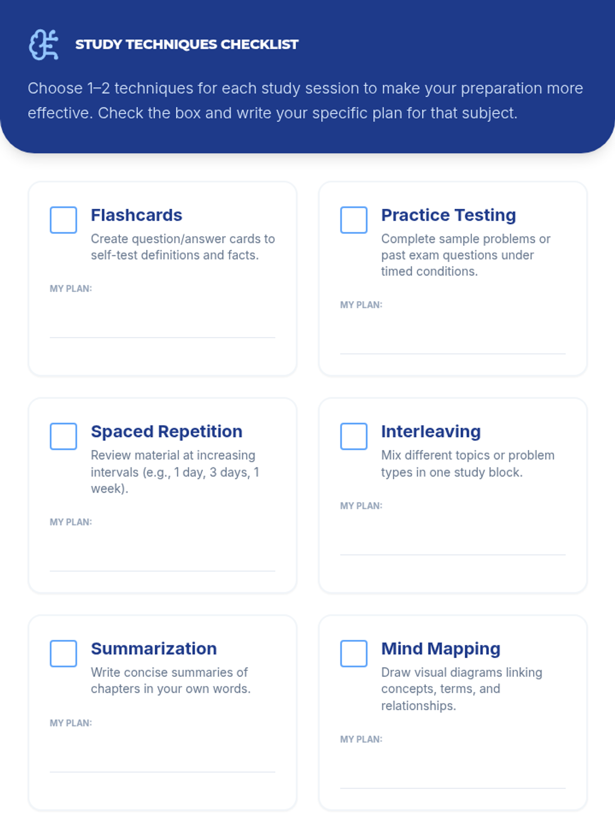 Study Guide Table Technique Study Techniques Checklist Worksheet • Material • Lenny Learning