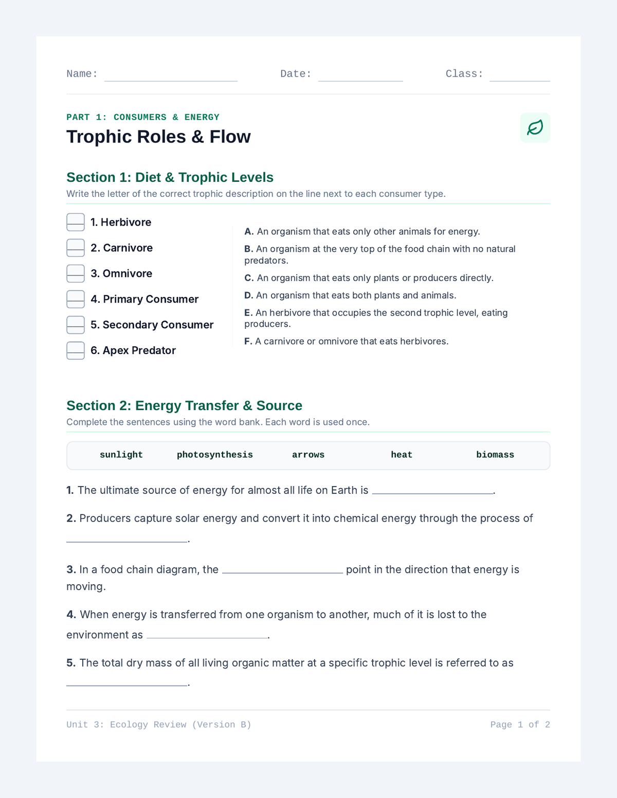 Eco Energy Alternative Worksheet page 1