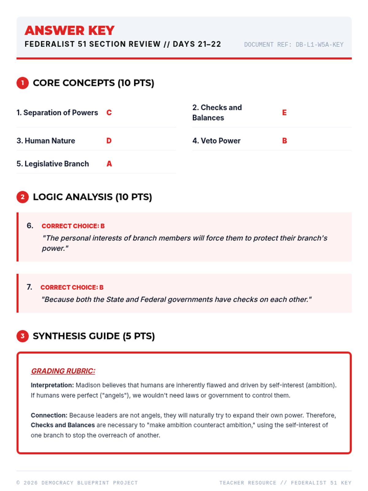 Federalist 51 Section Review Key