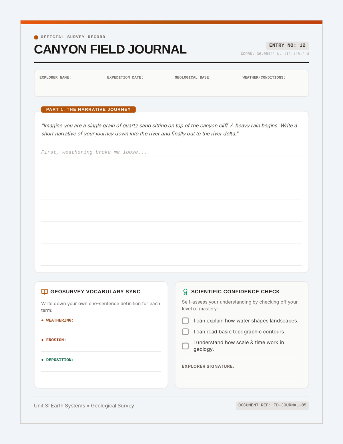 Canyon Field Journal page 1