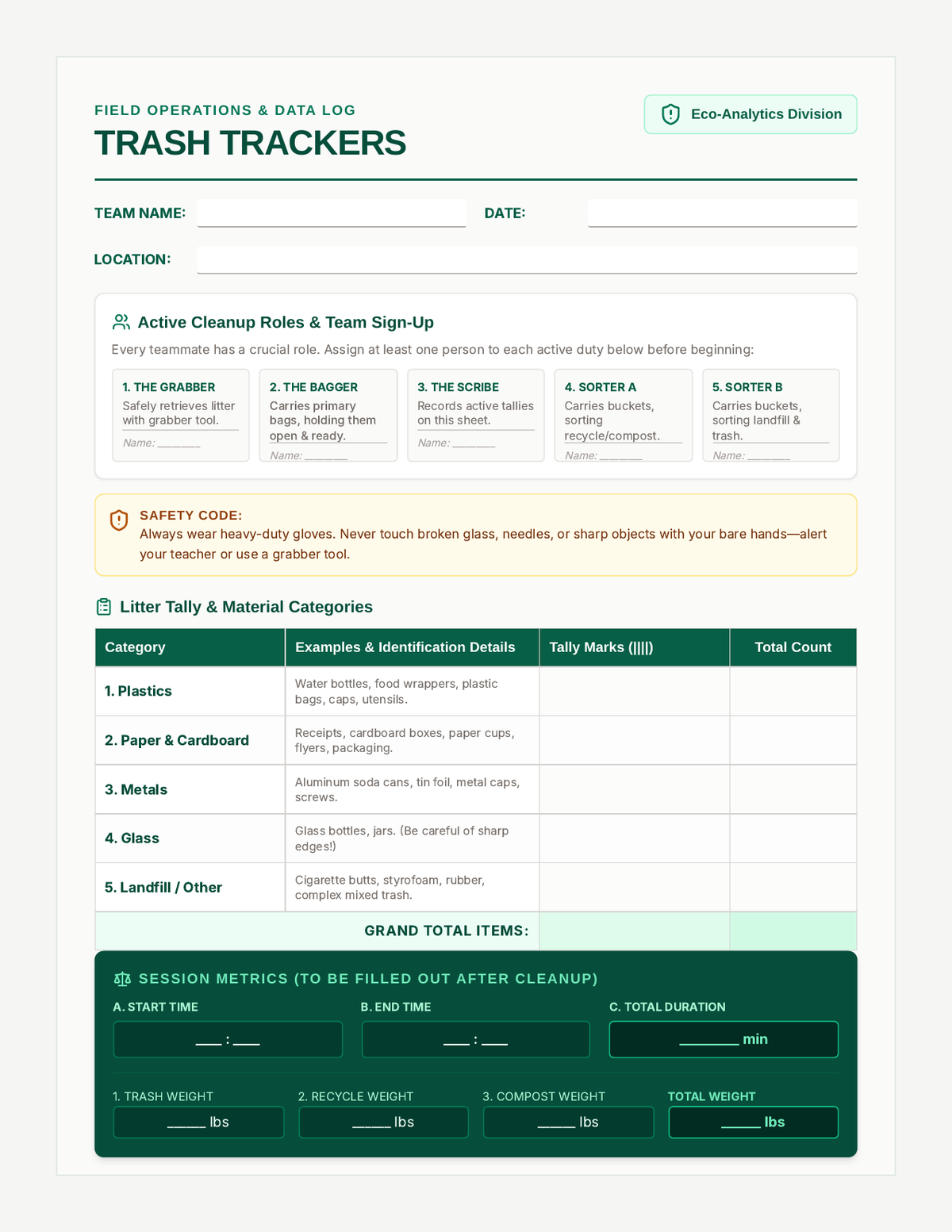 Trash Trackers Worksheet page 1
