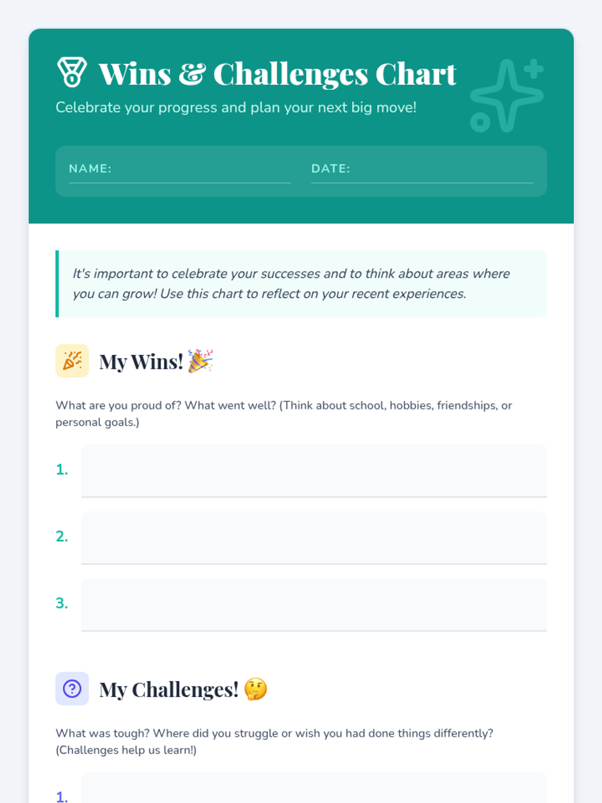 Wins and Challenges Chart Worksheet • Material • Lenny Learning