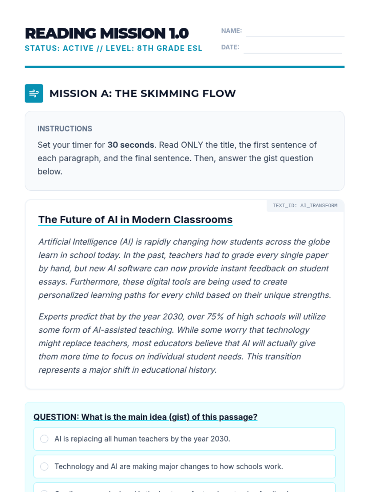 Reading Mission Worksheet 1